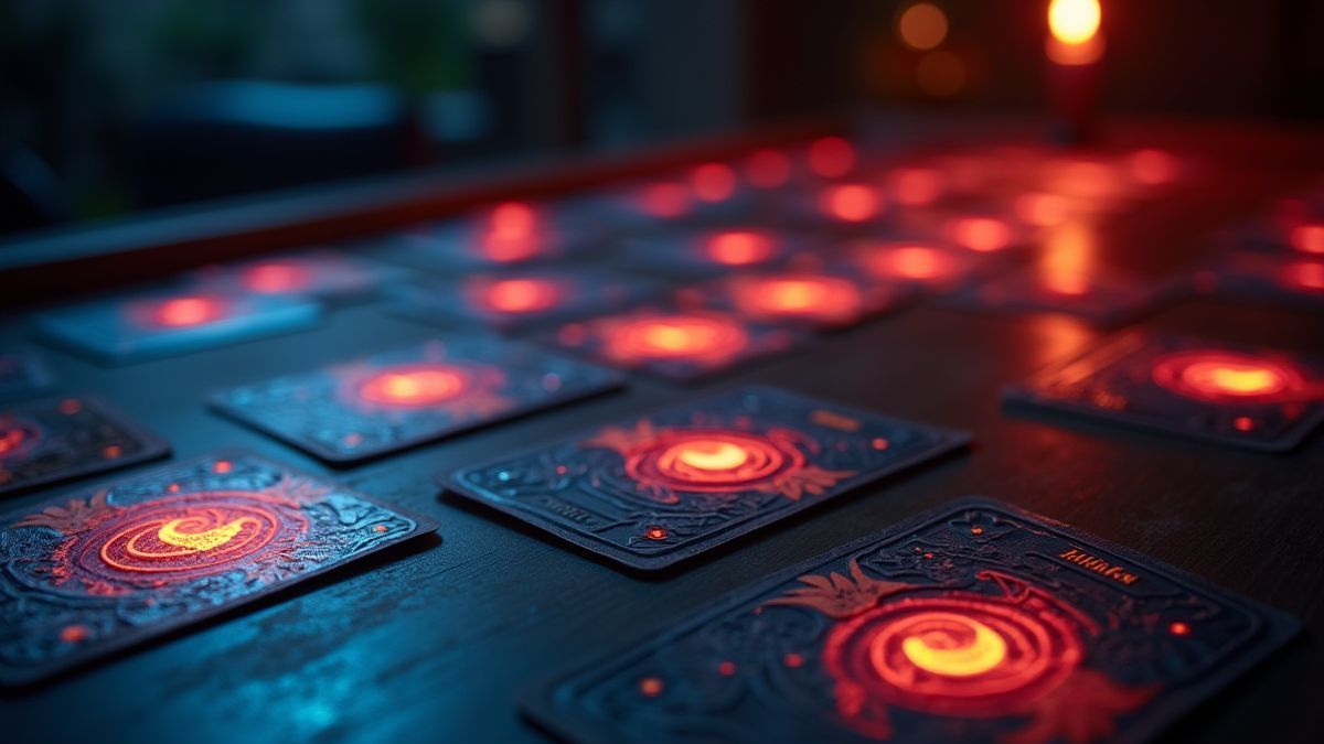Table de jeu de cartes avec cartes brillantes dans une ambiance mystique.