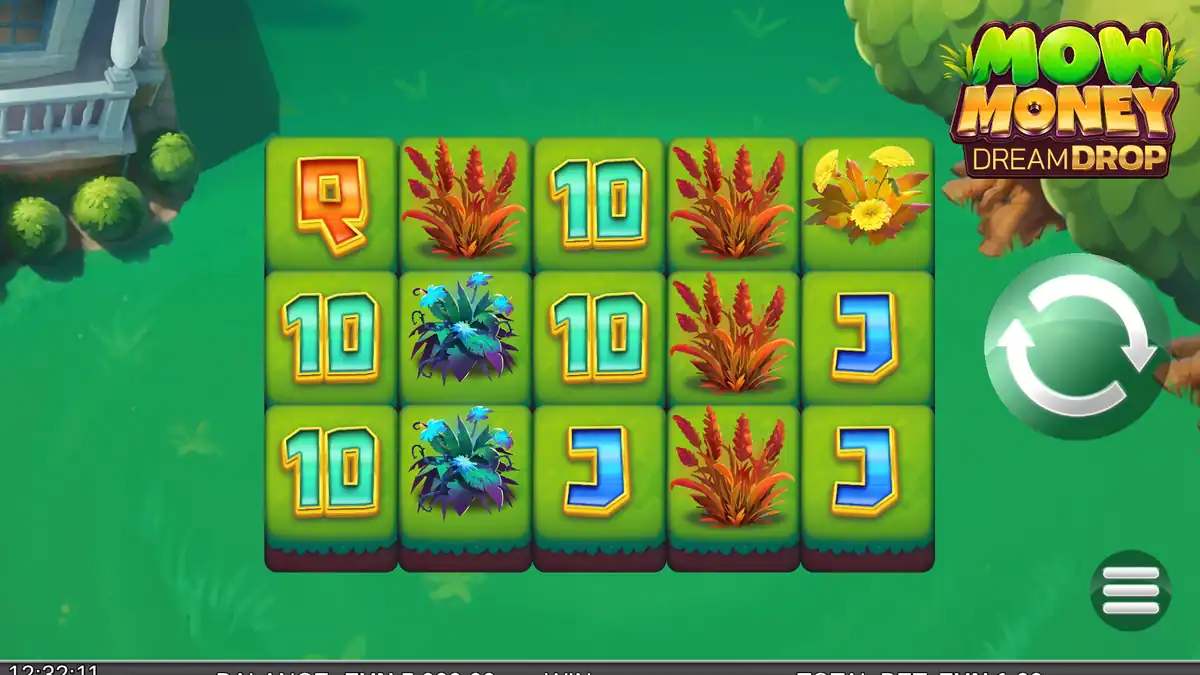 Jogo base de Mow Money Dream Drop numa grelha de jardim 5x3