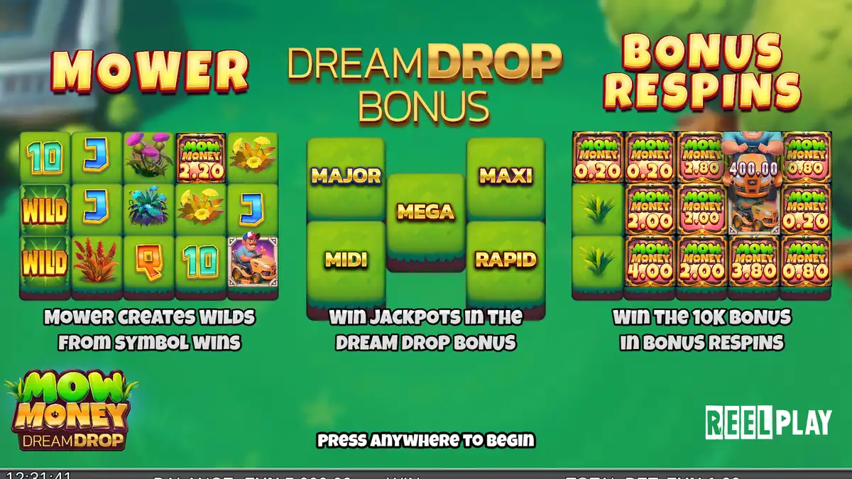 Ecrã de introdução de Mow Money Dream Drop mostrando os recursos Mower, Dream Drop Bonus e Bonus Respins