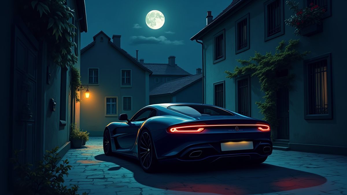 Ein Spionwagen in einer von Mondlicht erleuchteten Gasse.