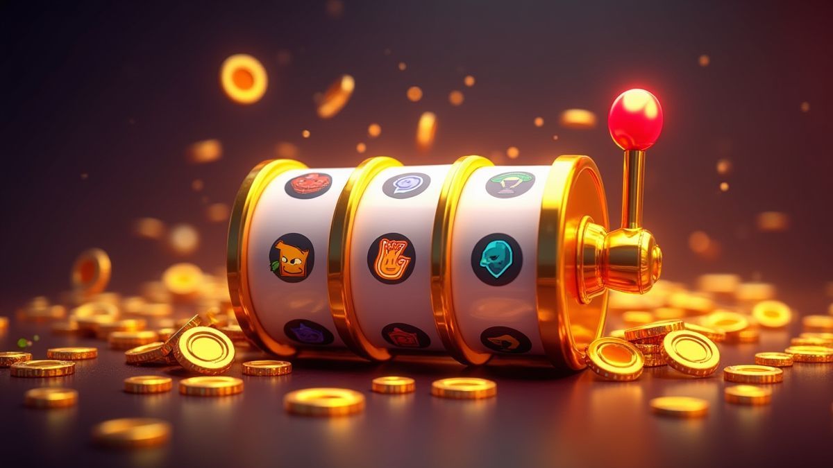 Goldene Chips und leuchtende Symbole vor einem futuristischen Spielautomaten-Hintergrund.