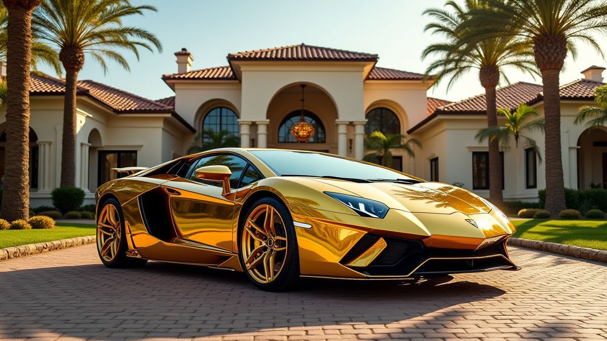 Coche dorado frente a una mansiún de lujo rodeada de palmeras.