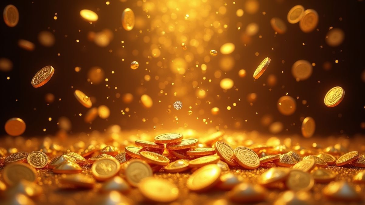 Monedas doradas y diamantes cayendo sobre una pantalla de tragamonedas.