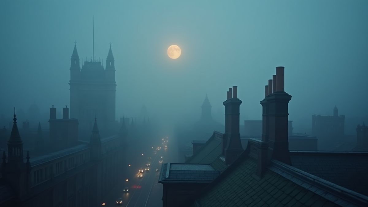 Vista de uma cobertura em Londres vitoriano com a lua cheia iluminando a paisagem.