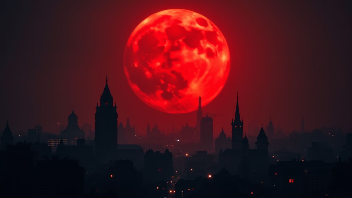 Uma lua vermelha iluminando uma paisagem urbana vitoriana.