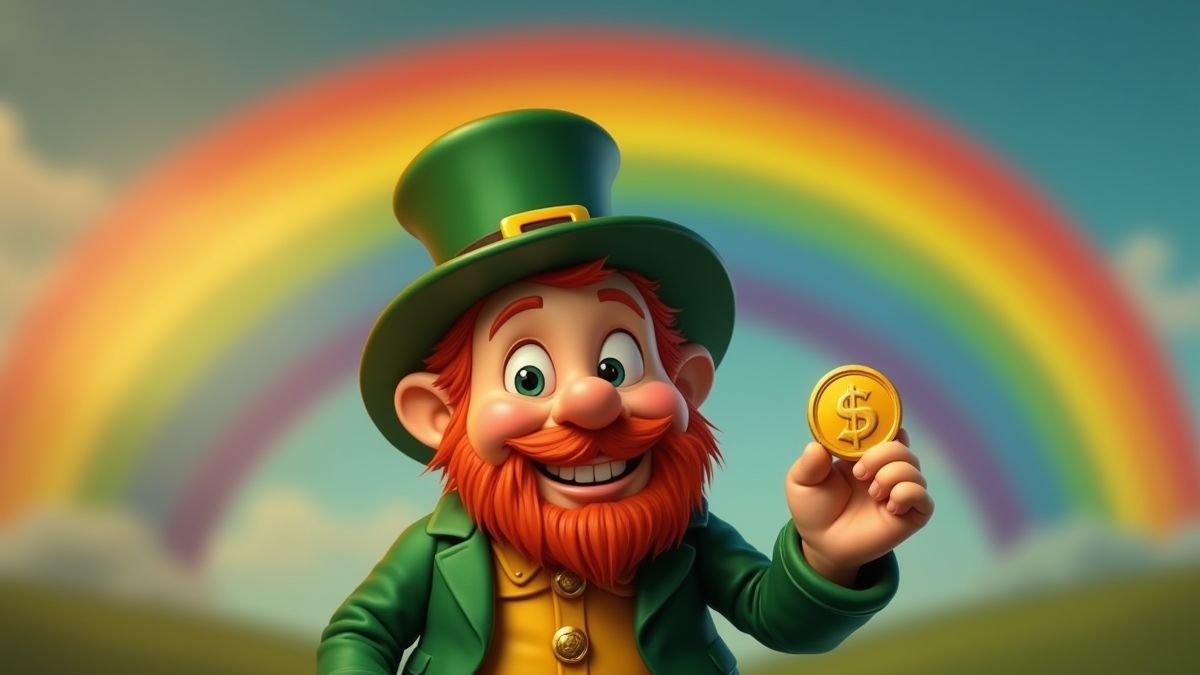 Leprechaun sonriente con una moneda dorada frente a un arcoíris.