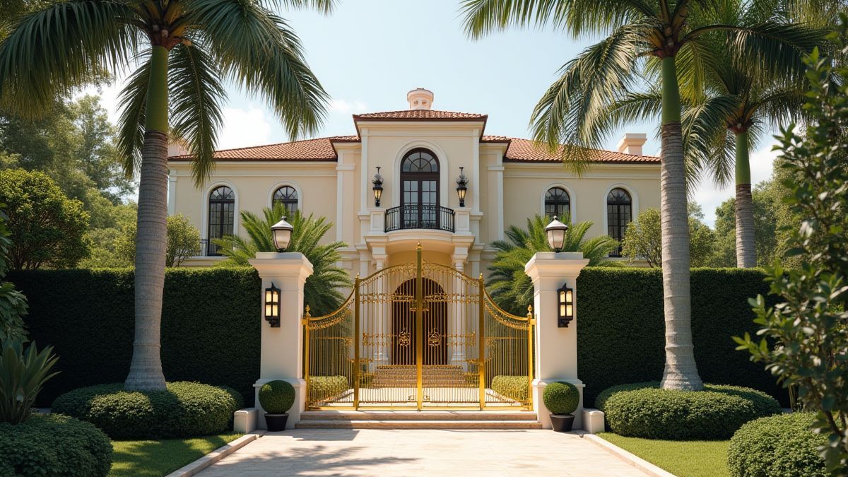 Eine luxuriöse Villa umgeben von Palmen und einem goldenen Tor.
