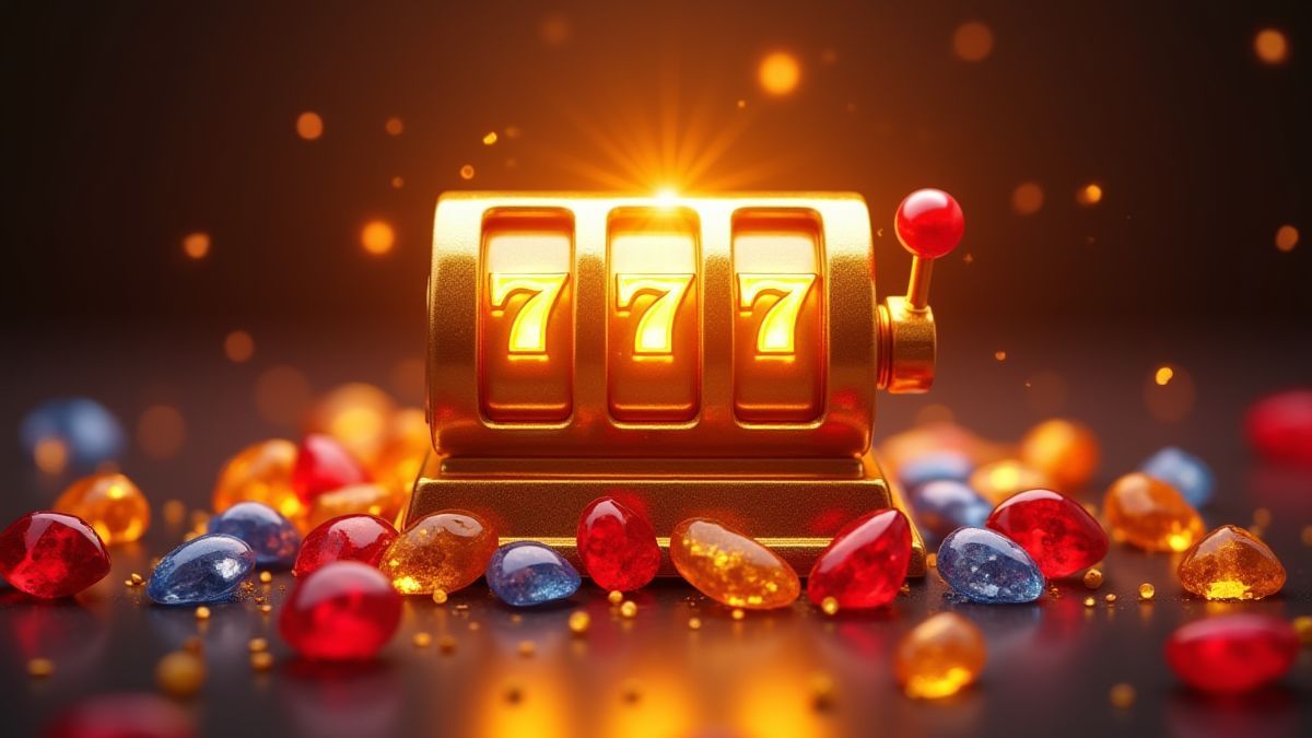 Eine goldene Spielautomaten umgeben von funkelnden Juwelen.