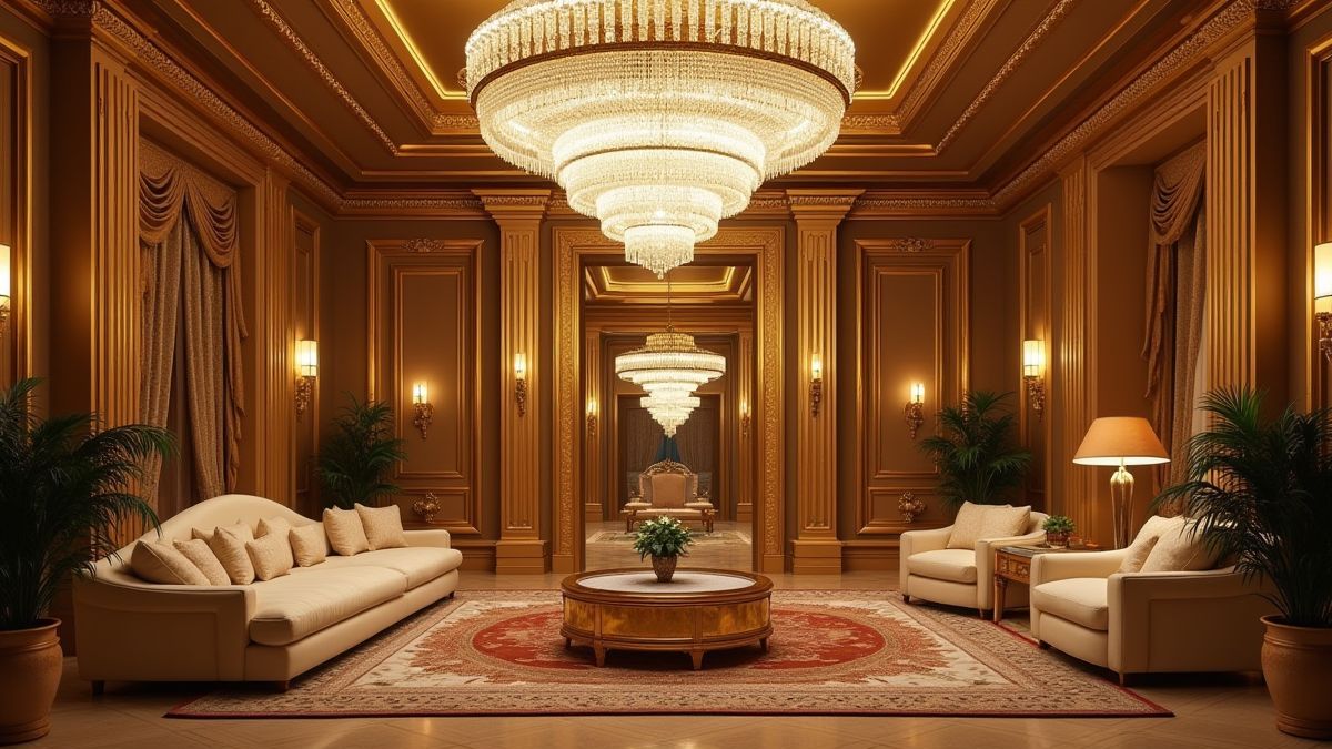 Interior de una mansión elegante con candelabros de cristal y detalles dorados.
