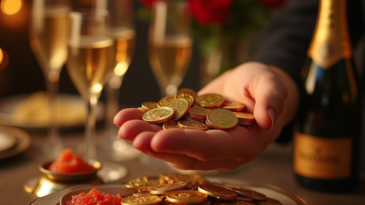 Mano sosteniendo monedas de oro sobre una mesa de lujo con champán y caviar.