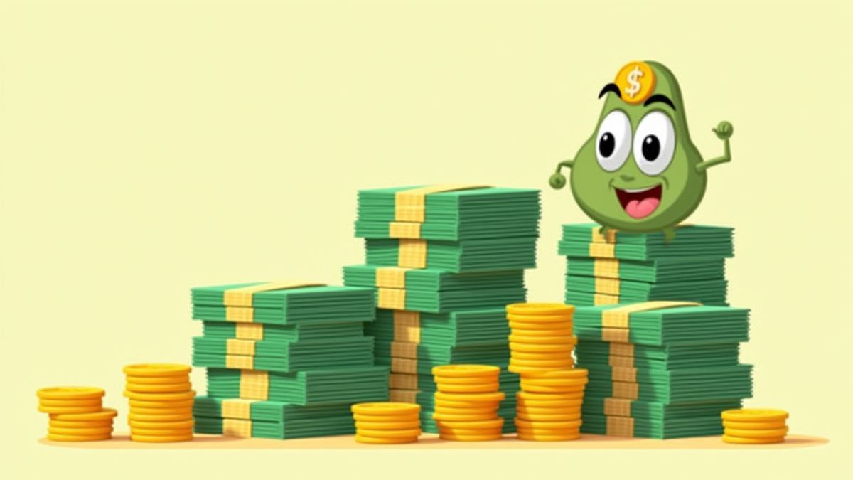 Montons d'argent et pièces avec un personnage animé souriant.