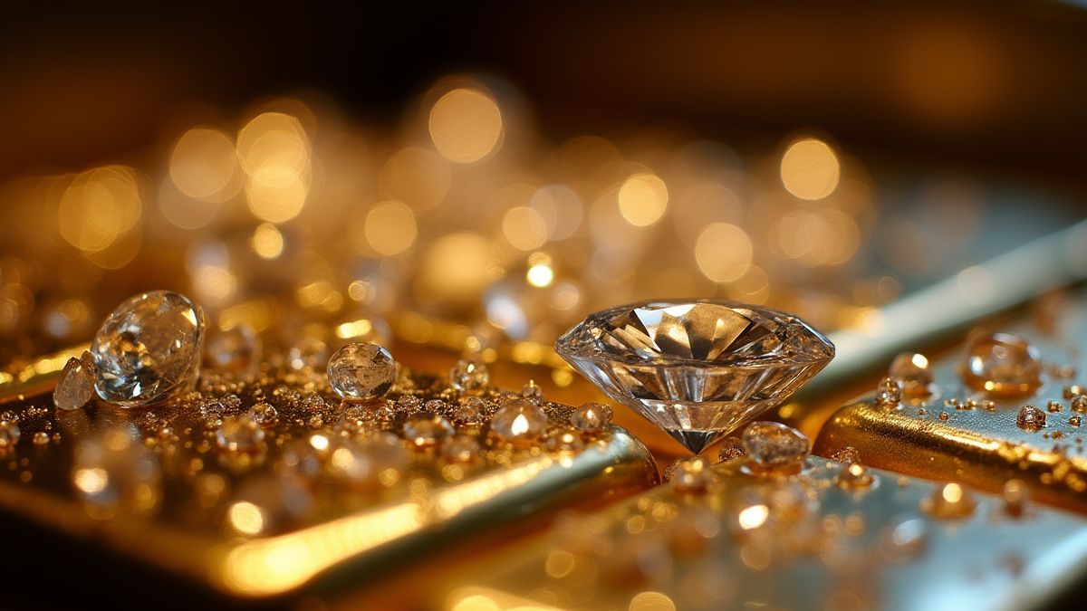 Diamanten glänzend und Goldbarren in einem Tresor.
