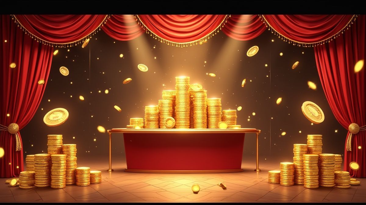 Luxuriöses Casino-Event mit goldenen Dekorationen und funkelnden Lichtern.