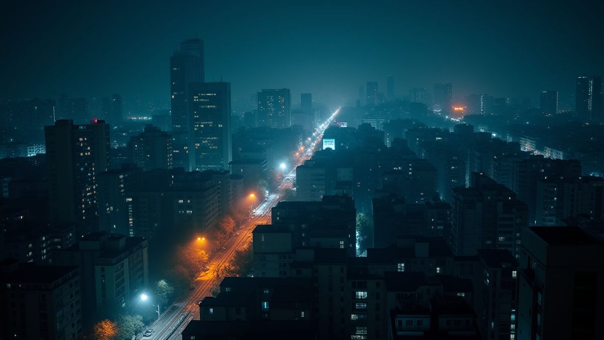 Bild einer nächtlichen Stadt mit leuchtenden Straßenlaternen und einer geheimnisvollen Atmosphäre.