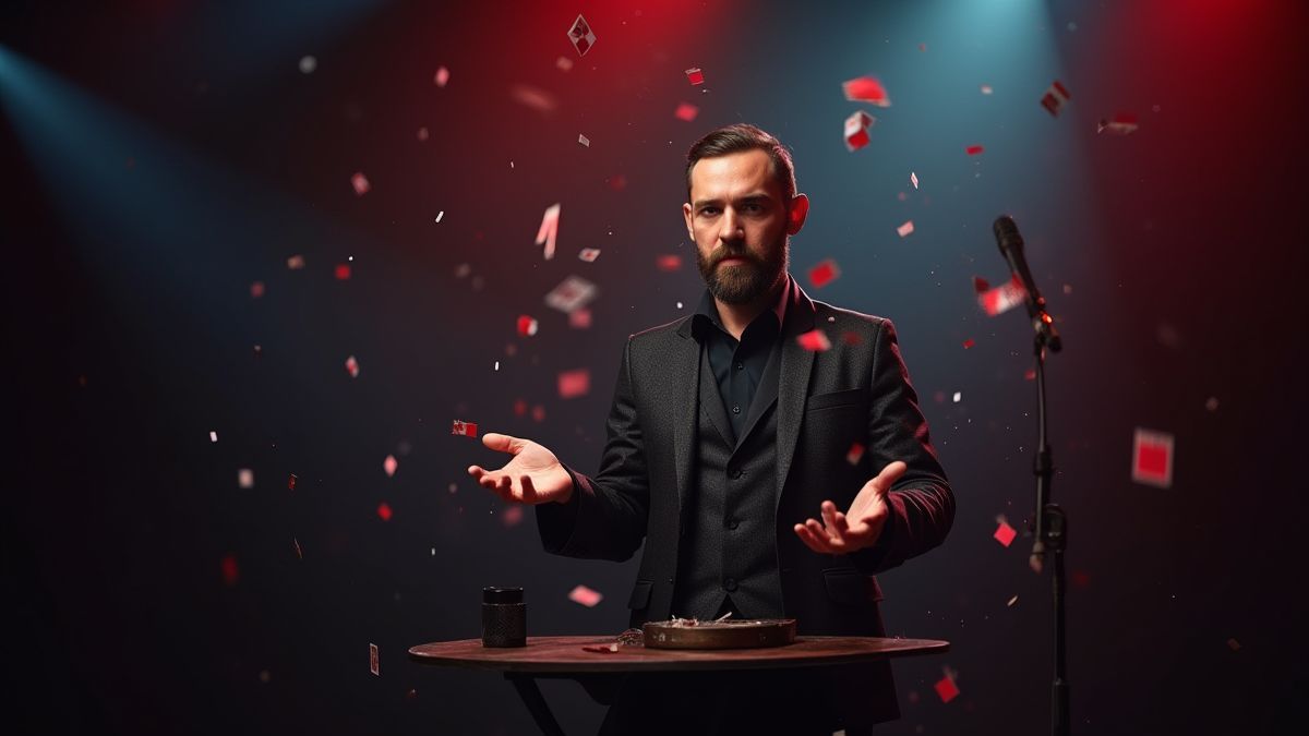 Um mago fazendo truques em um cenário mágico