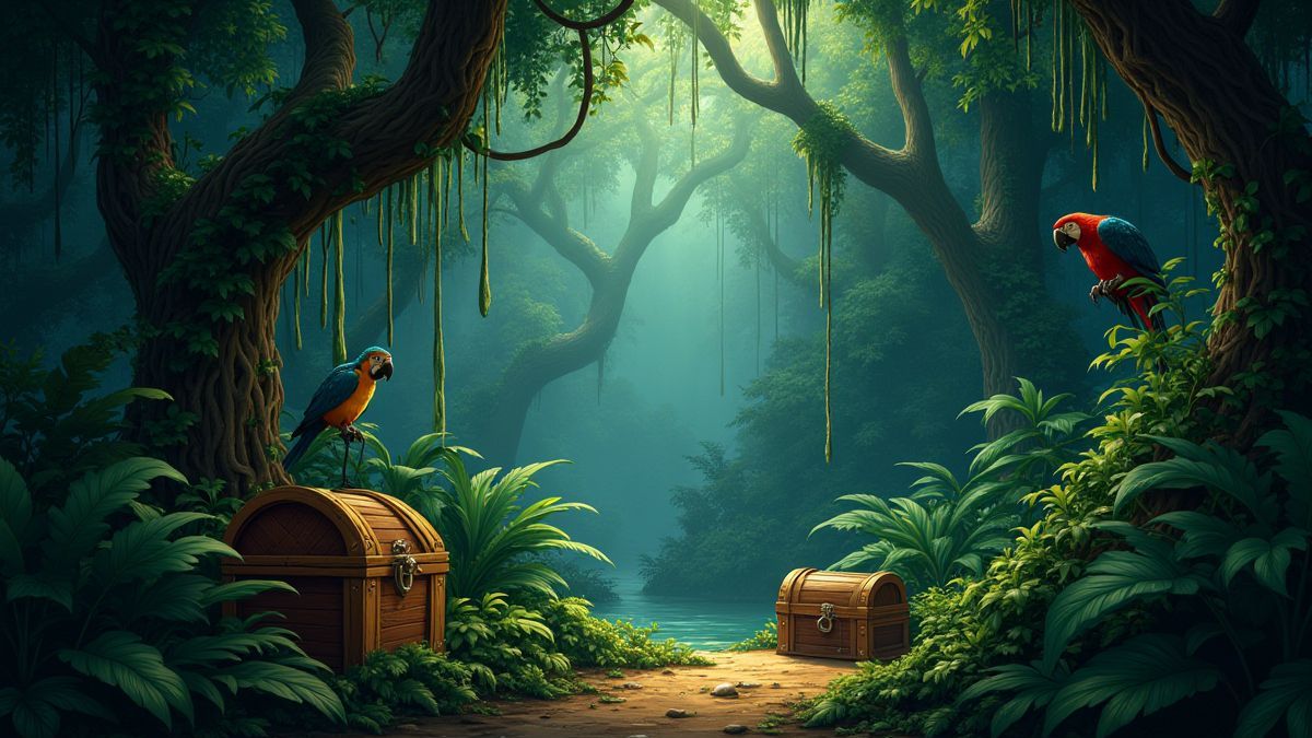 Une jungle frondose avec des lianes et des animaux exotiques