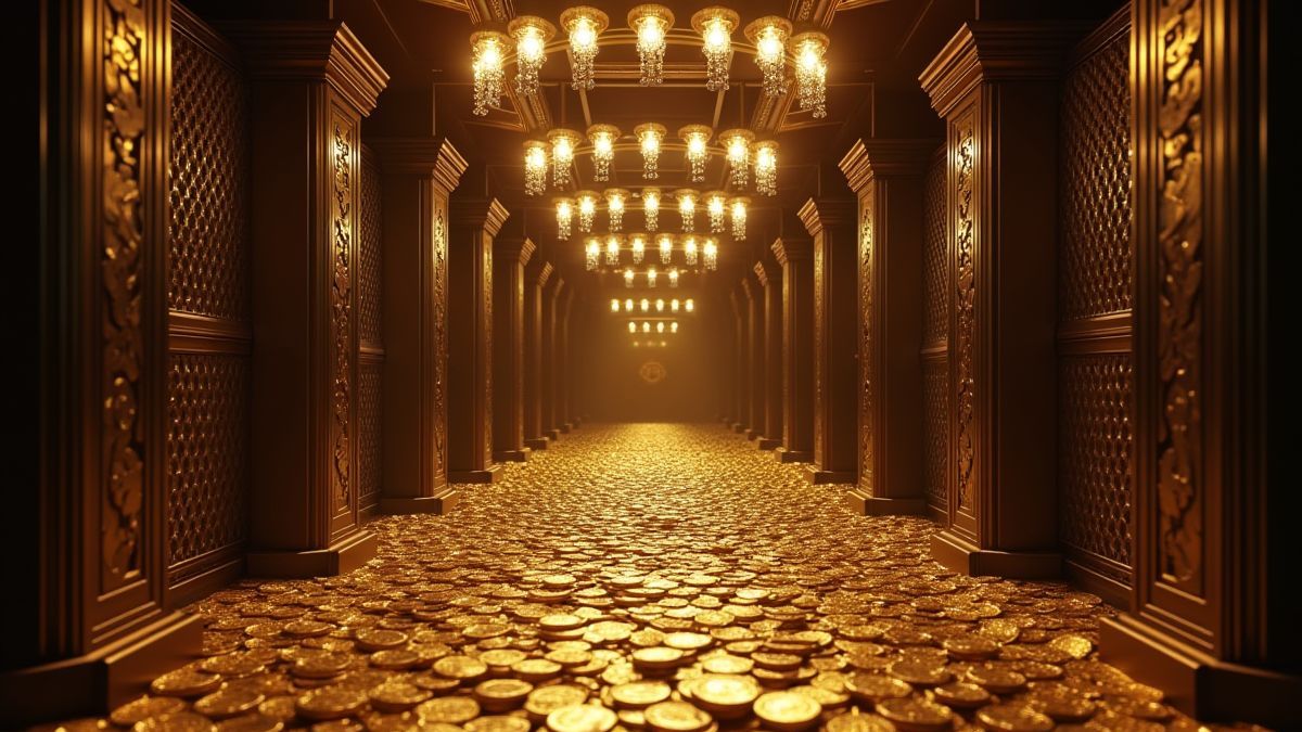 Interior de una bóveda bancaria llena de monedas de oro y gemas brillantes.