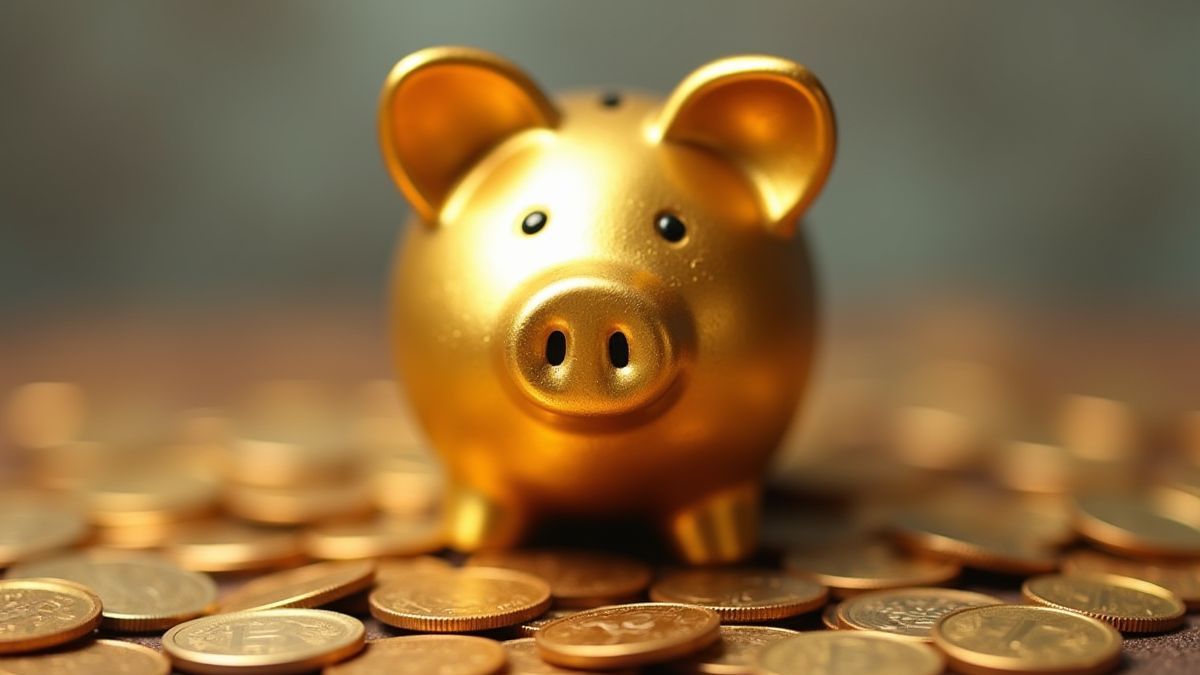 Una alcancía dorada sobre un montón de monedas.