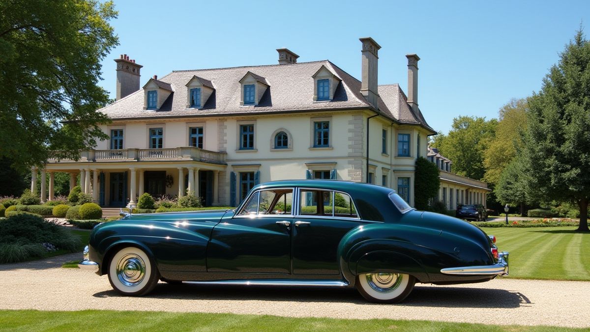 Un coche vintage brillante frente a una mansión de lujo.