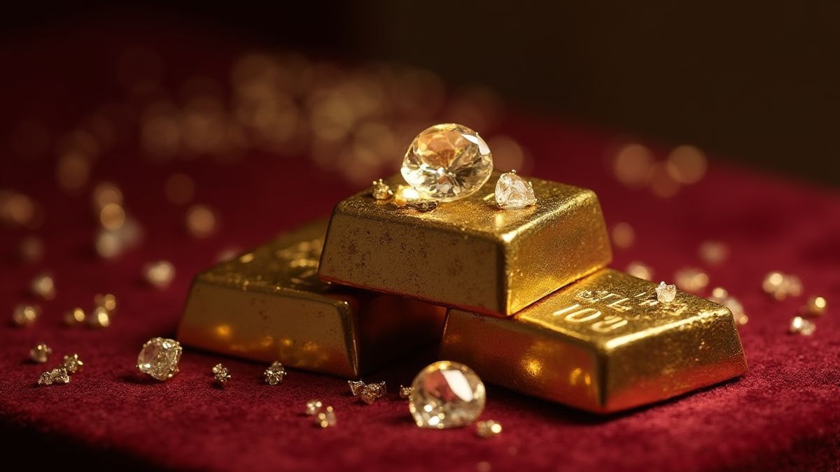 Una pila de lingotes de oro y diamantes sobre terciopelo.