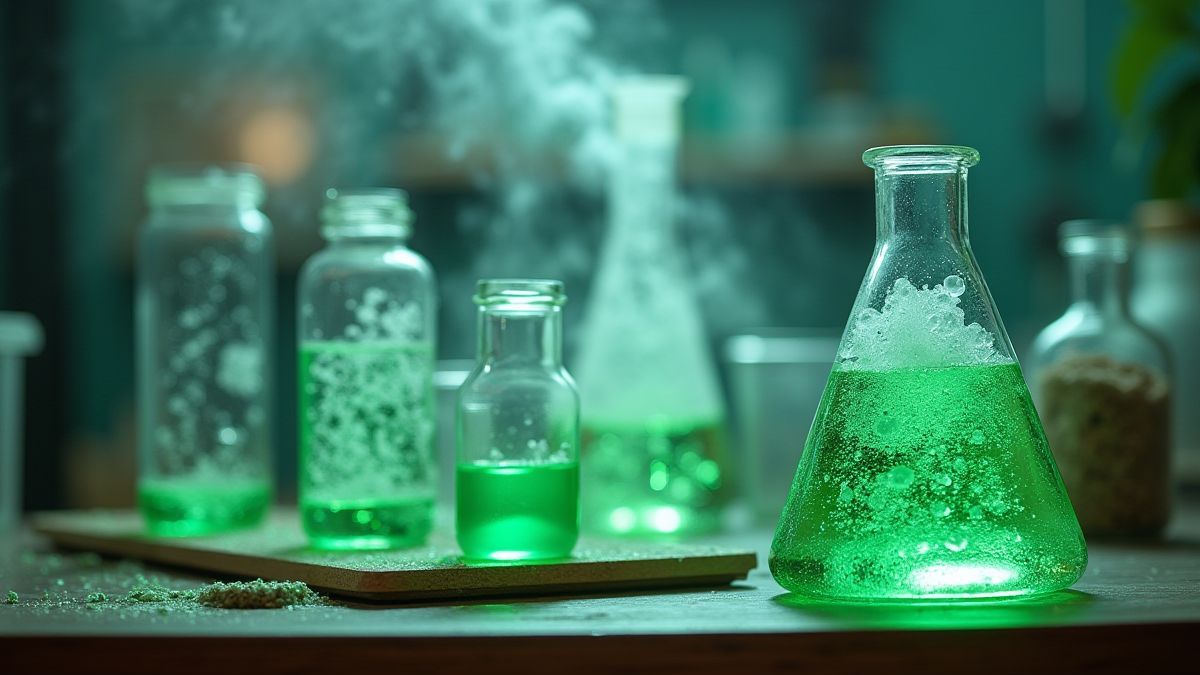 Labor mit sprudelnden grünen Chemikalien und Reagenzgläsern.
