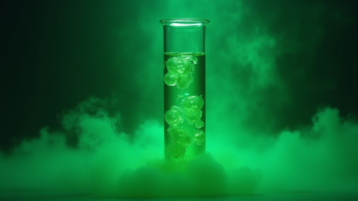 Sprudelnde grüne Flüssigkeit in einem Reagenzglas mit leuchtender Aura.