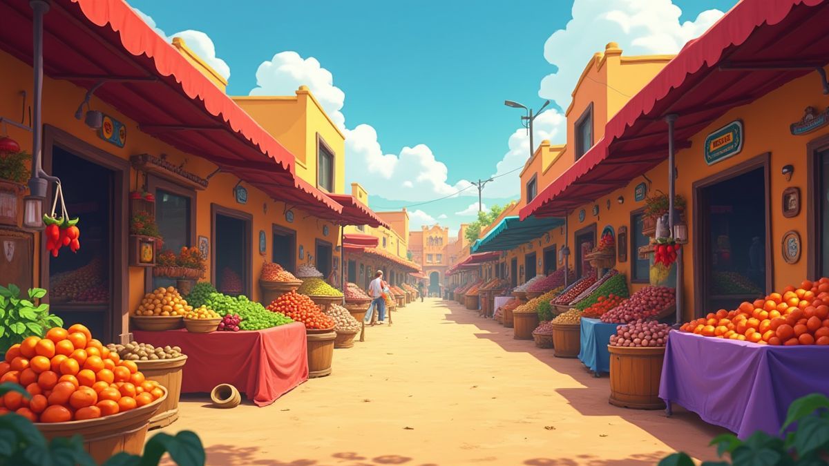 Animierter mexikanischer Markt mit Sombreros und Chilis.