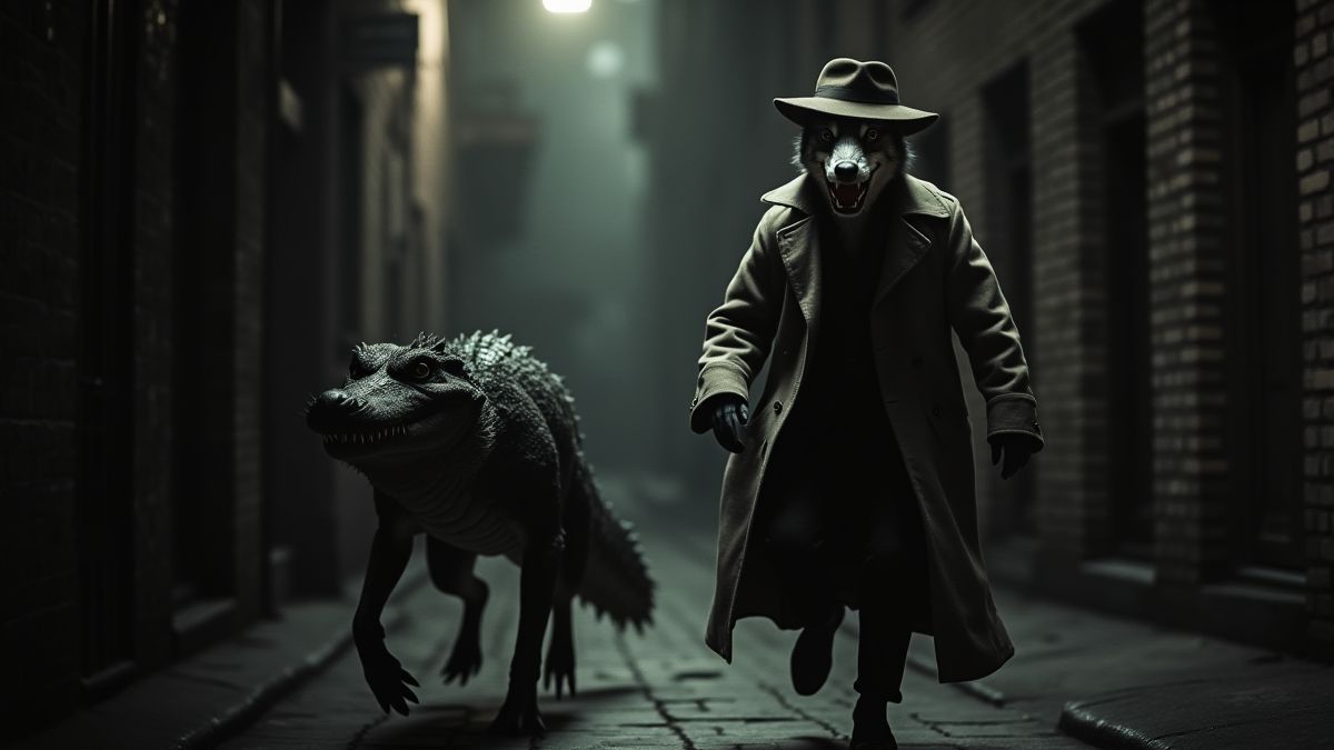 Detective die een gangster achtervolgt in een nachtelijke omgeving.