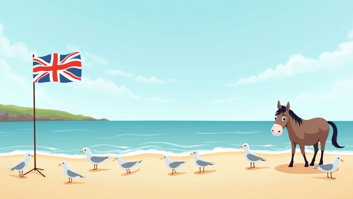 Un paisaje costero británico animado con gaviotas y una mula cerca de una bandera británica.