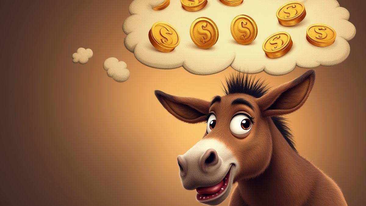 Une mula animée pensant à des prix et des symboles de la machine à sous.