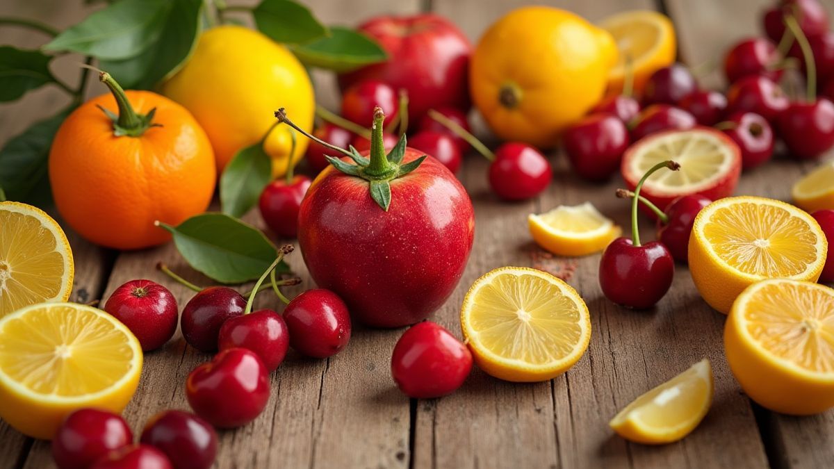 Uma mesa cheia de frutas frescas como cerejas, limões e laranjas.