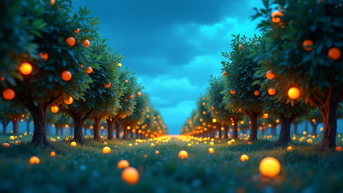 An animated orchard with bright fruits under a blue sky.