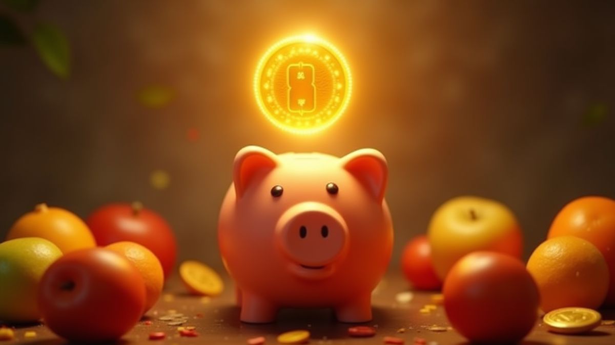 A golden coin falling into a piggy bank surrounded by fruits.