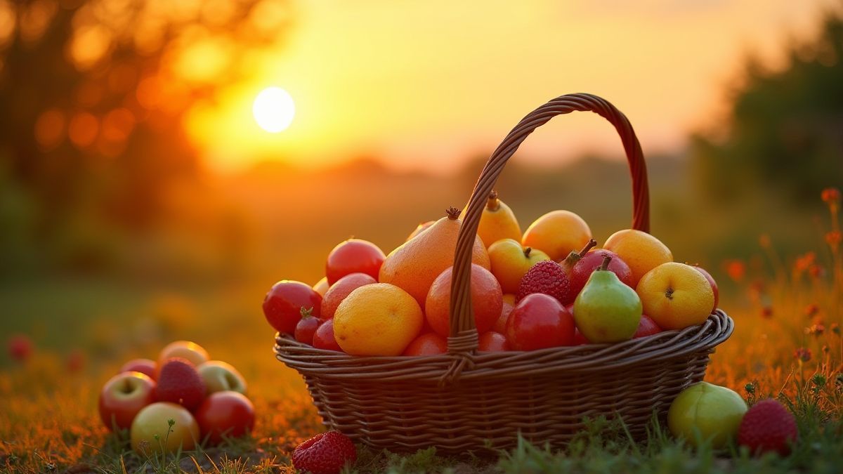 A basket full of colorful fruits under the sunset.