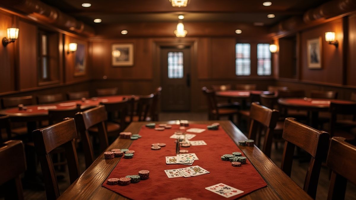 Poker salon in westelijke stijl met houten tafels en stoelen.