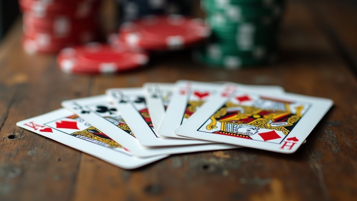 Poker kaarten en fiches op een rustieke houten tafel.