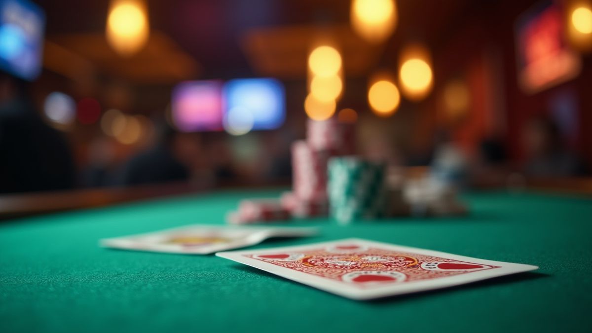 Cartas de póker y fichas en una mesa verde de casino.