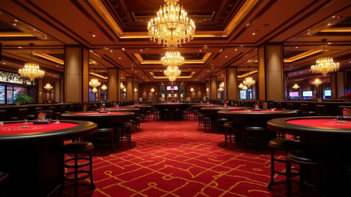 Interior de un casino elegante con mesas de póker y luces brillantes.