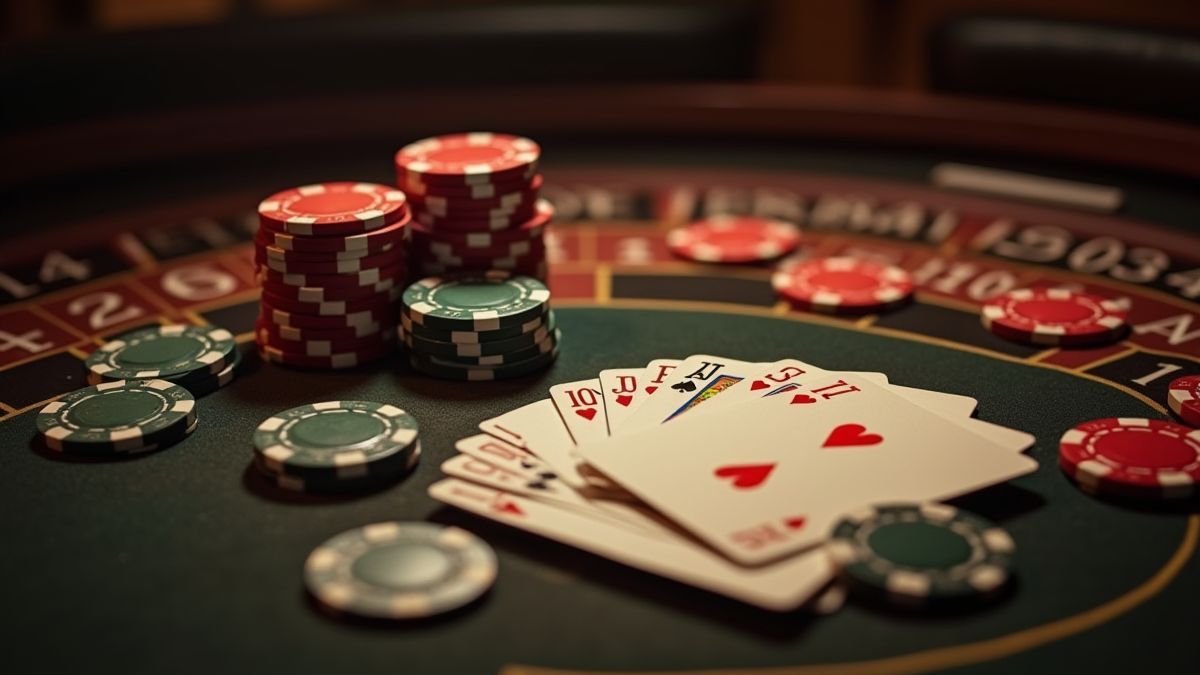 Casino vintage con fichas y cartas de póker.