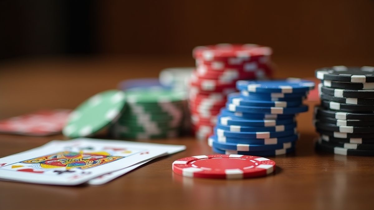 Pokerchips und Karten auf einem Holztisch.