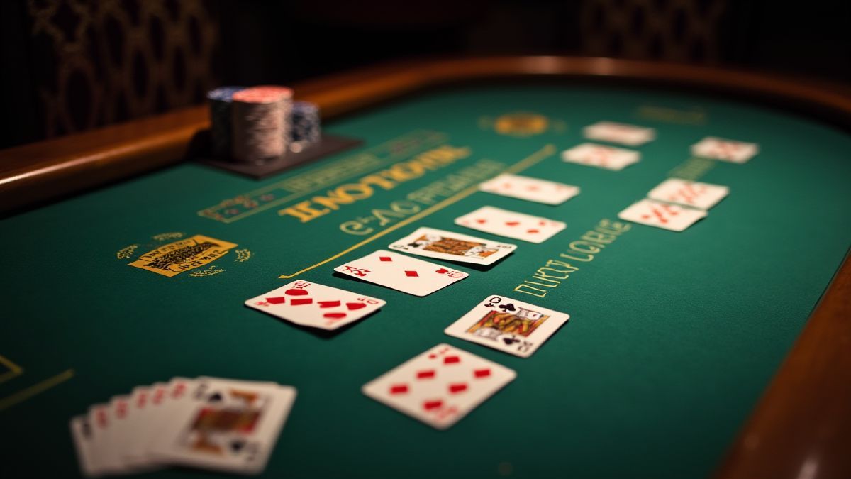 Mesa de poker clássica com múltiplas mãos de cartas.