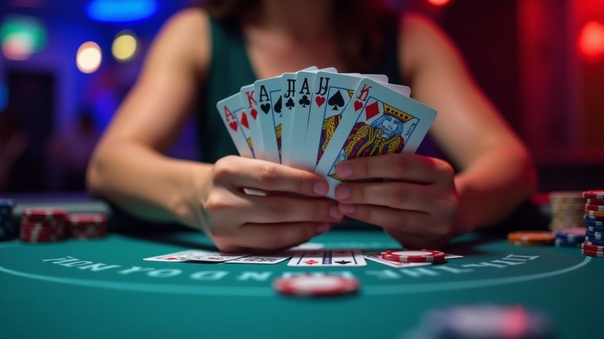 Jogador segurando cartas em uma mesa de poker vibrante.
