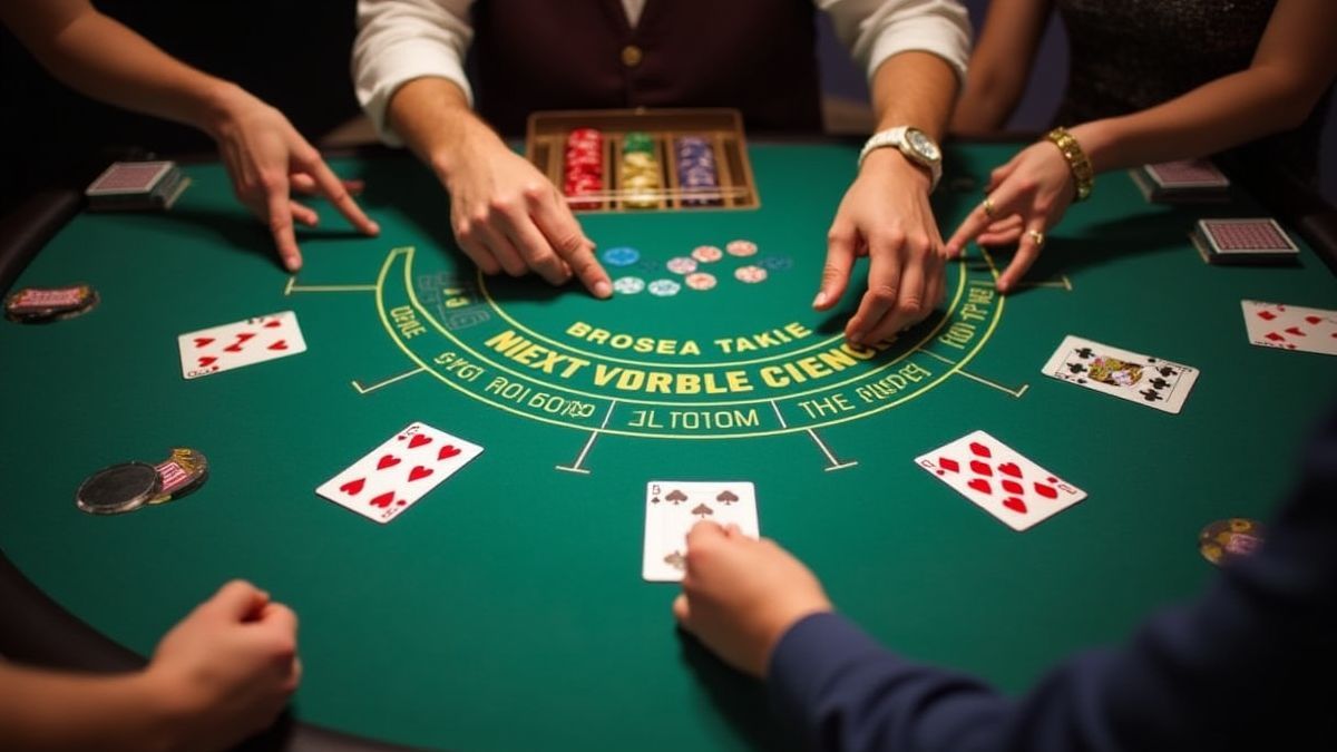 Mesa de blackjack com múltiplas mãos em jogo rodeada de fichas.