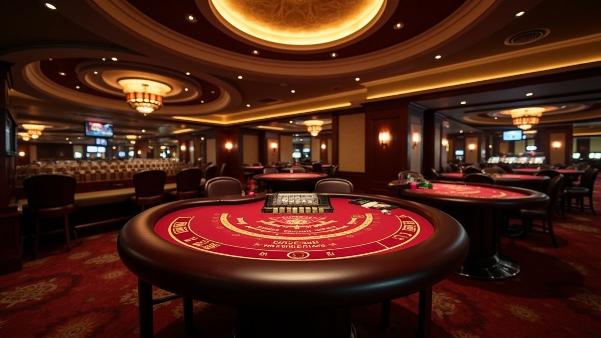 Ambiente de cassino elegante com iluminação suave e mesa de blackjack.