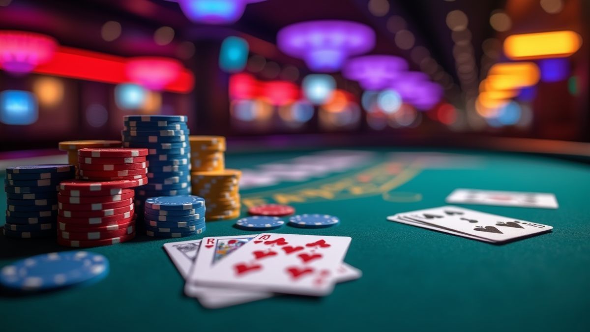 Pokertafel met fiches en kaarten onder casinobelevenis.