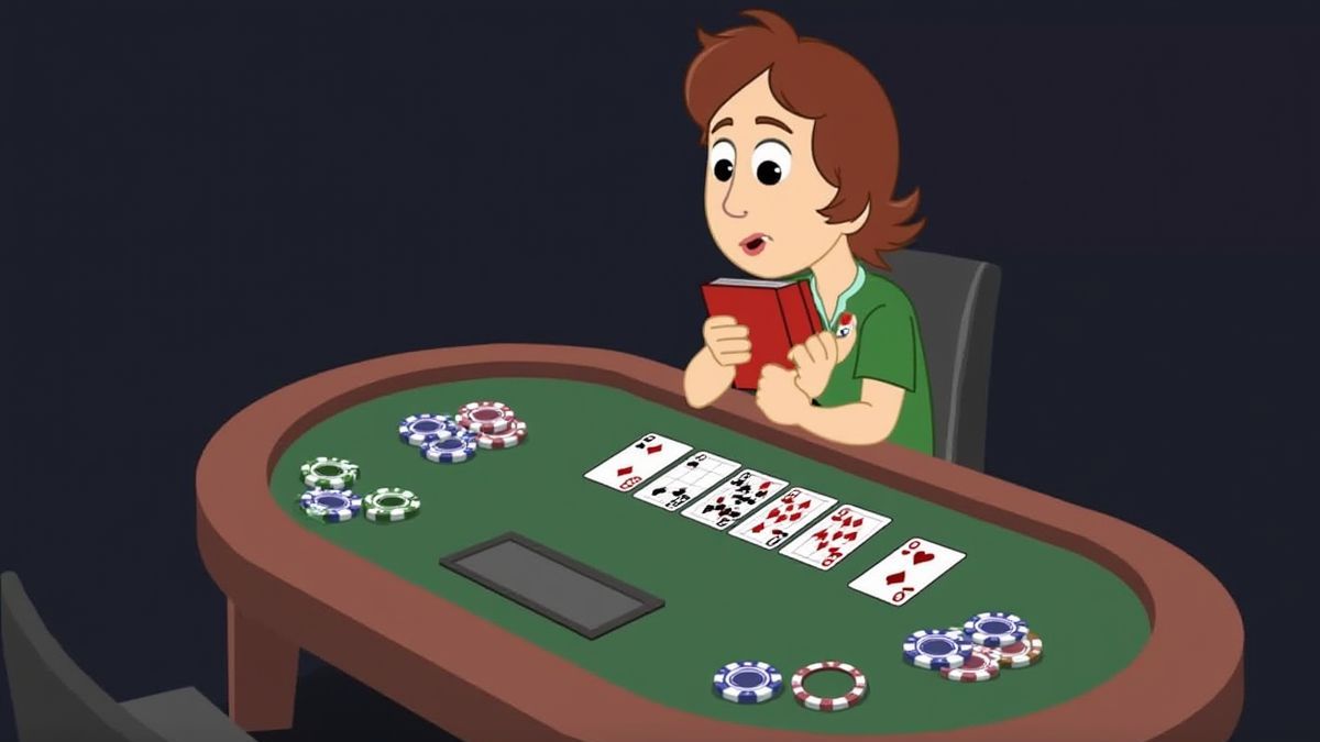 Geanimeerd personage dat pokerspellen strategieën bekijkt.