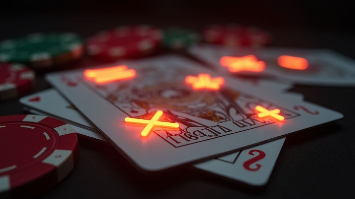 Baralho de cartas com doses brilhantes como comodins rodeados de fichas de pôquer.