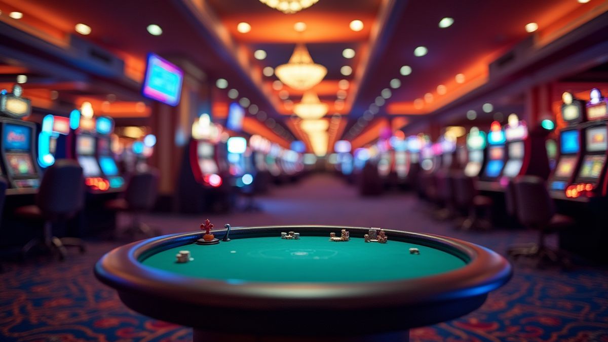 Sala de cassino com luzes brilhantes e uma mesa de pôquer no centro.