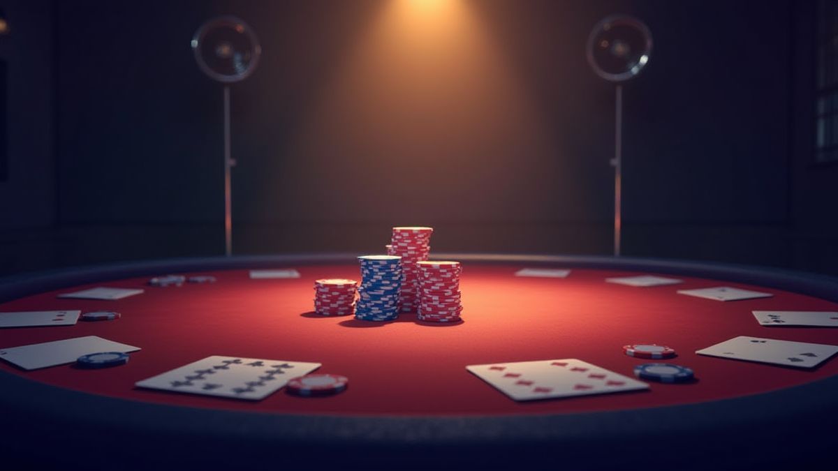 Pokertafel met fiches en kaarten onder zachte verlichting