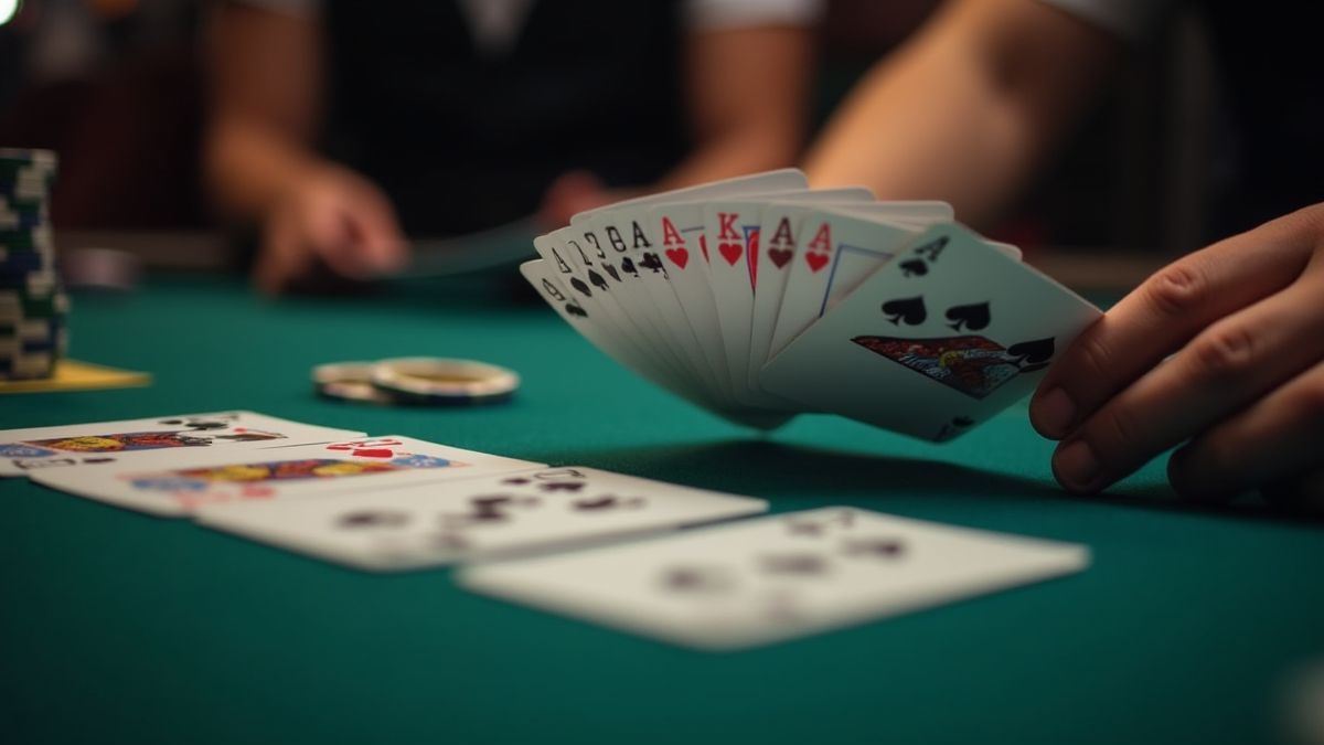 Pokercards gedeeld op een tafel met fiches in de buurt